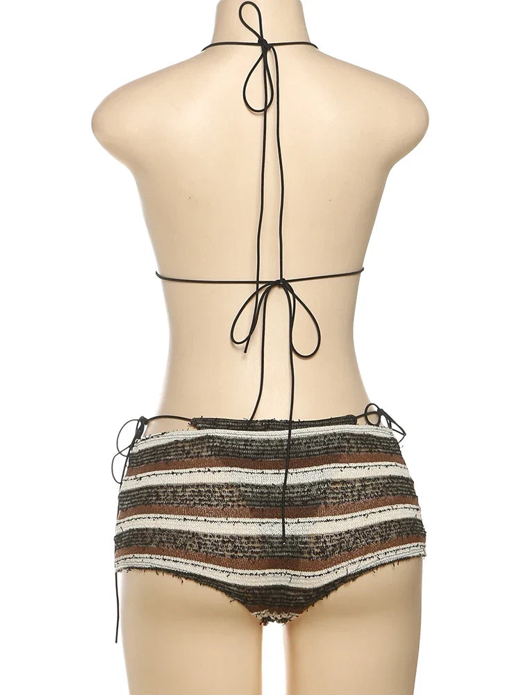 kliou Stripe Bandage 3 Piece Set Women Summer Swim Outfits Halter Cleavage V-neck Bikini Tops+Underwears+Pleated Skinny Shorts