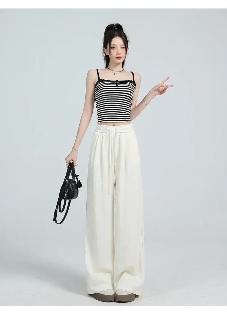 White Ice Silk Wide Leg Pants Women's Summer Thin High Waist Slimming Casual Versatile Elastic Waist Draped Straight Leg Trouser