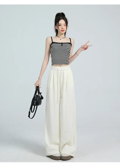 White Ice Silk Wide Leg Pants Women's Summer Thin High Waist Slimming Casual Versatile Elastic Waist Draped Straight Leg Trouser