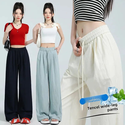 White Ice Silk Wide Leg Pants Women's Summer Thin High Waist Slimming Casual Versatile Elastic Waist Draped Straight Leg Trouser