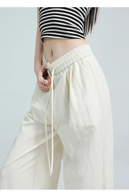 White Ice Silk Wide Leg Pants Women's Summer Thin High Waist Slimming Casual Versatile Elastic Waist Draped Straight Leg Trouser