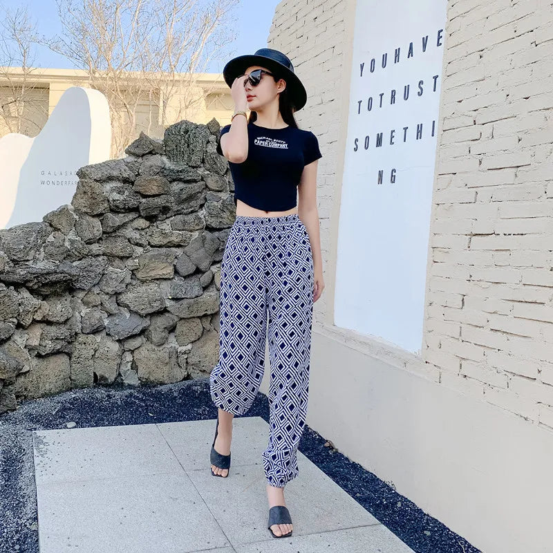 Women's Mosquito-proof Cotton Silk Beach Summer Casual Flower Pants Artificial Cotton Summer Sleeping Pants Thin Adult Bloomers