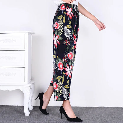 Summer Ladies Ice Silk Loose Casual Home Pants Elastic plus Size Mom Square Sports High Waist Straight Leg Length Nine Points