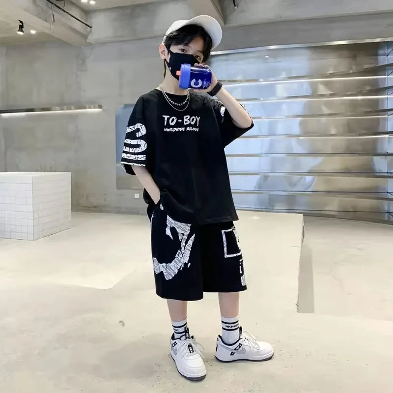 Boys' summer fashion casual sports  T-shirt+pants suitable for boys' hip-hop style fashion clothing set, lightweight and