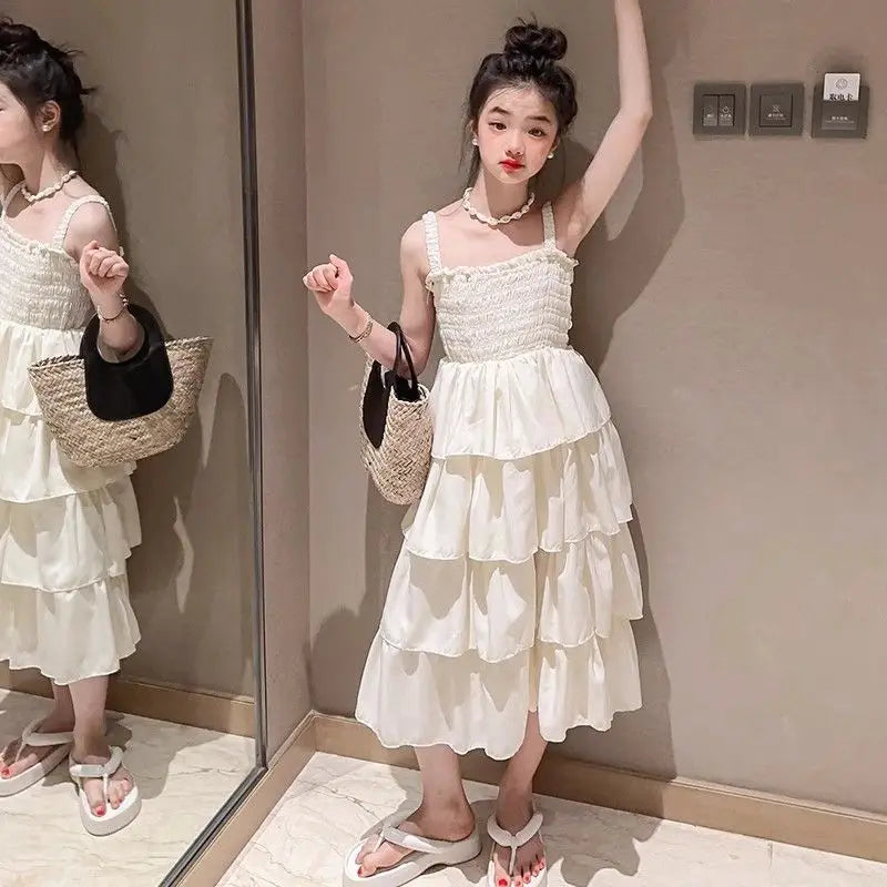 Kids Girls Summer Cake Dress  New Arrival Children Casual Multilayer Dresses Princess Sleeveless Sling Beach Rainbow Dress
