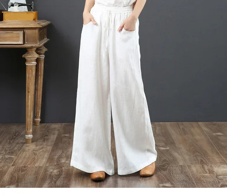 Women Retro Tai Chi Loose Wide Leg Pants Casual Cotton Linen High Waist Pants Mopping Straight Trousers Daily Wear Streetwear