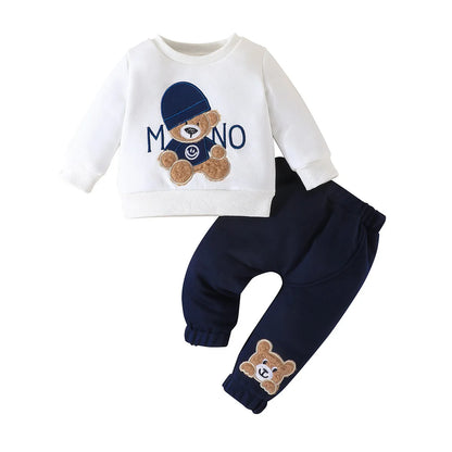 Boys and Girls Autumn and Winter New Cartoon Letter Hat Bear Embroidered Long Sleeve Hoodie Long Pants Two Piece Set