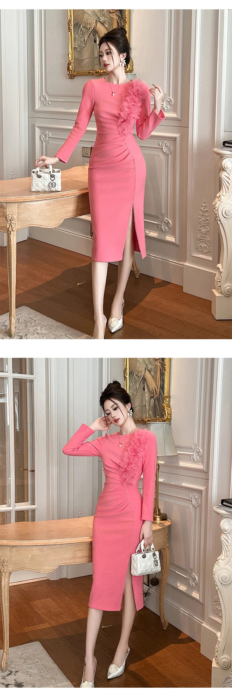 Banquet Evening Dress Women Elegant Style Flower Beading Folds Slit Robe Female Party Prom Vestidos Catwalk Gown