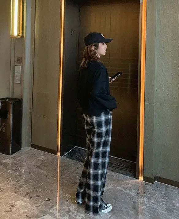 High Waist Plaid Wide Leg Pants Women Loose Straight Casual Slimming Spring Autumn New Style Chinese Brand AE Stock