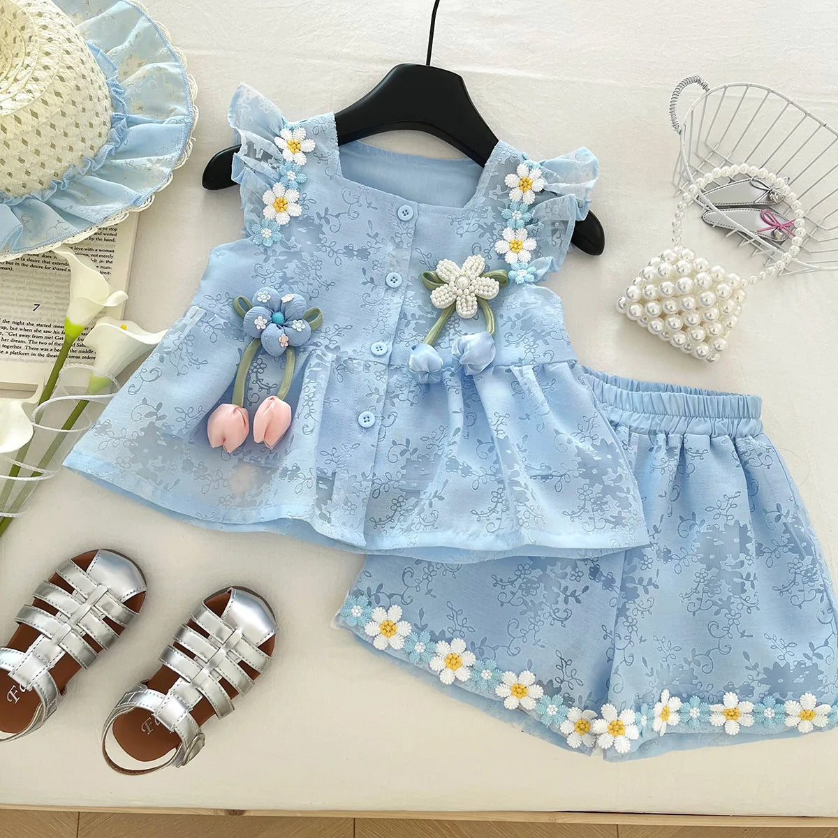 New Children's Outfit Summer New Baby Chinese Style Hanfu Fashionable Girl Tang Suit Two-Piece Set with Hat