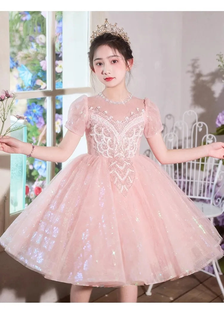 Party Dress Blue Girls Puffy Princess Dresses New Kids Gown Birthday Host Piano Recital Outfit Pageant Performance Formal Wear