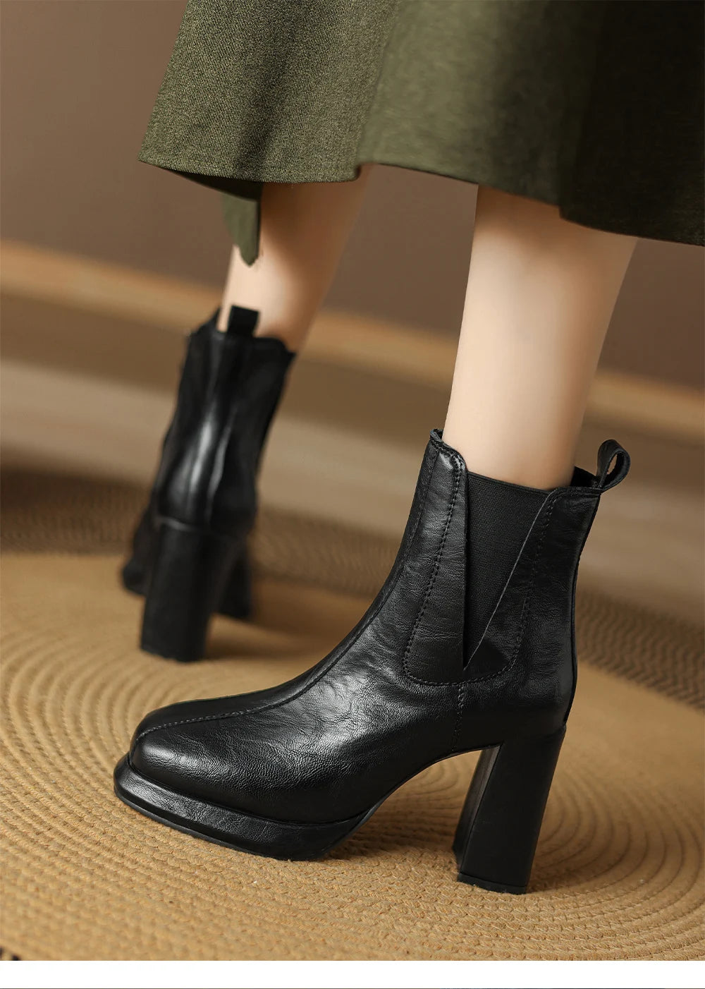 Autumn/Winter Women Boots Round Toe High Heel Shoes for Women Leather Boots Women Handemade Shoes Ankle Boots Ladies Shoes