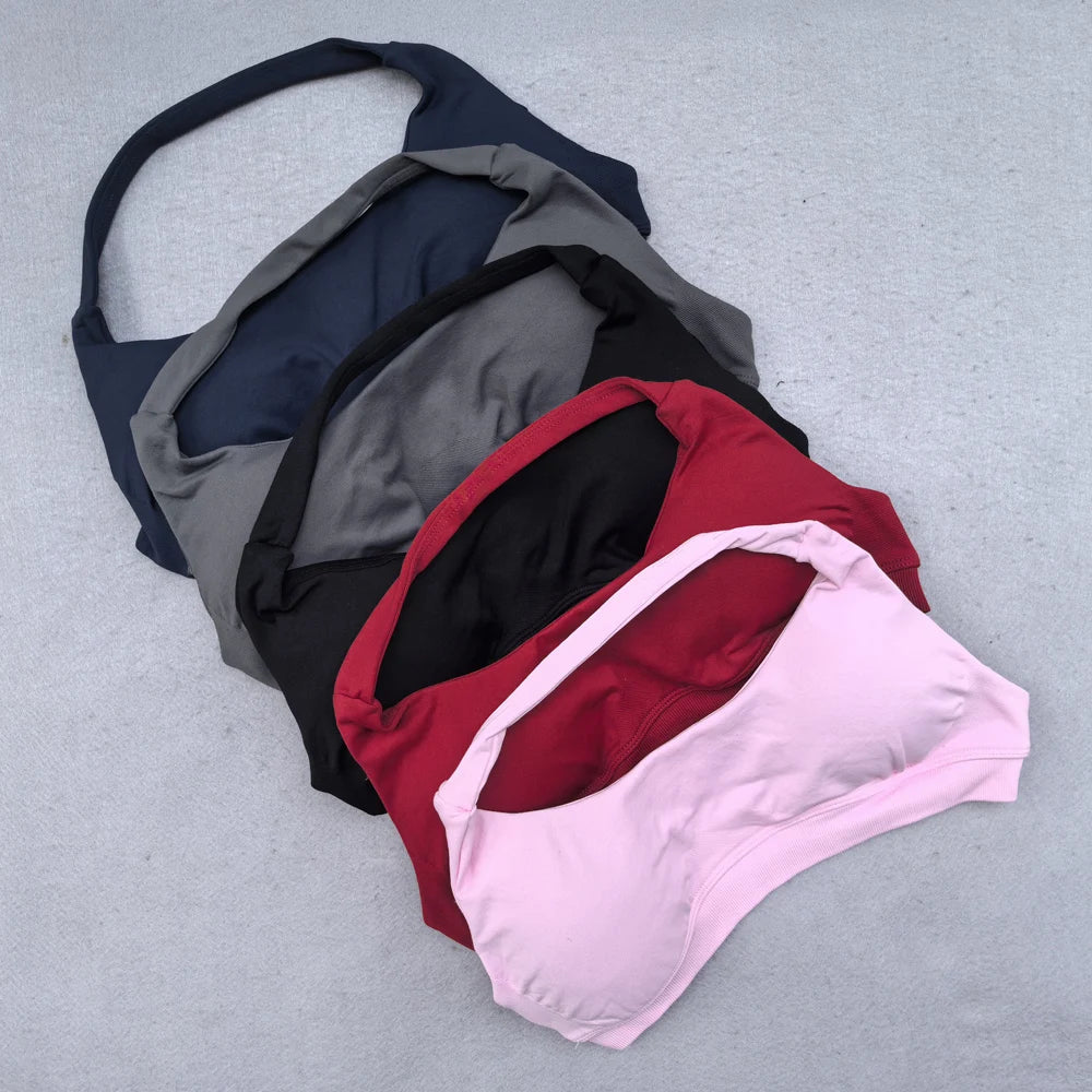 Sports Bra for Women Seamless Halter Neck Strap Bra Sexy Open Back Padded Yoga Top Bra Medium Support Gym Crop Top