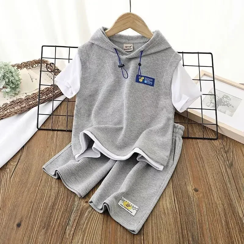 Summer Baby Boy Clothes Set Hoodies T-shirts and Shorts Suit Children Girls Waffle Patchwork Top Bottom 2pcs Outfits Tracksuit