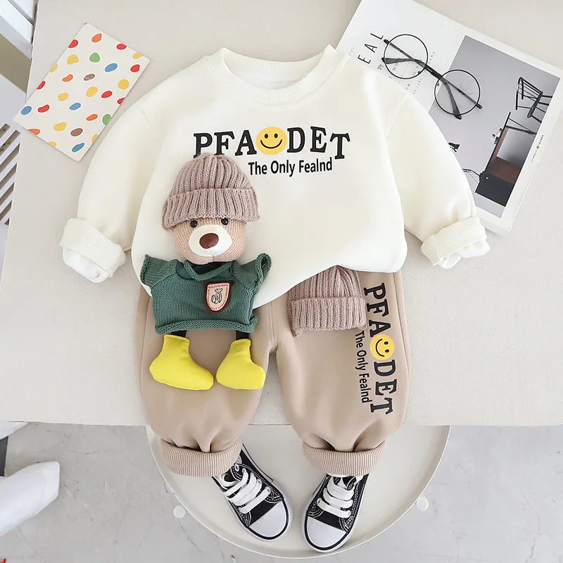 New Boys' Autumn Set Children's Wear Handsome Boys' Winter Plush Thickened Sweater Two Piece Set baby clothes