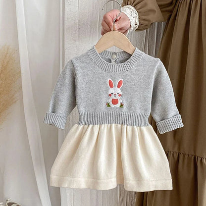 2024 New Autumn Kids Princess Dresses Long Sleeved Knitted Splicing Baby Girl Knitting Party Dress Children Knitting Clothes