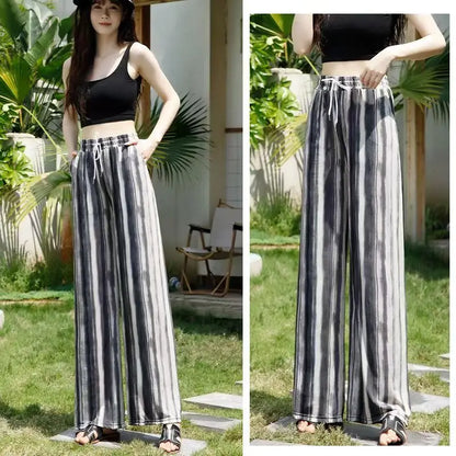 High Waist Floral Pants Straight Leg Home Leisure Women's plus Size High Elasticity Air Conditioning Pants Casual Trousers