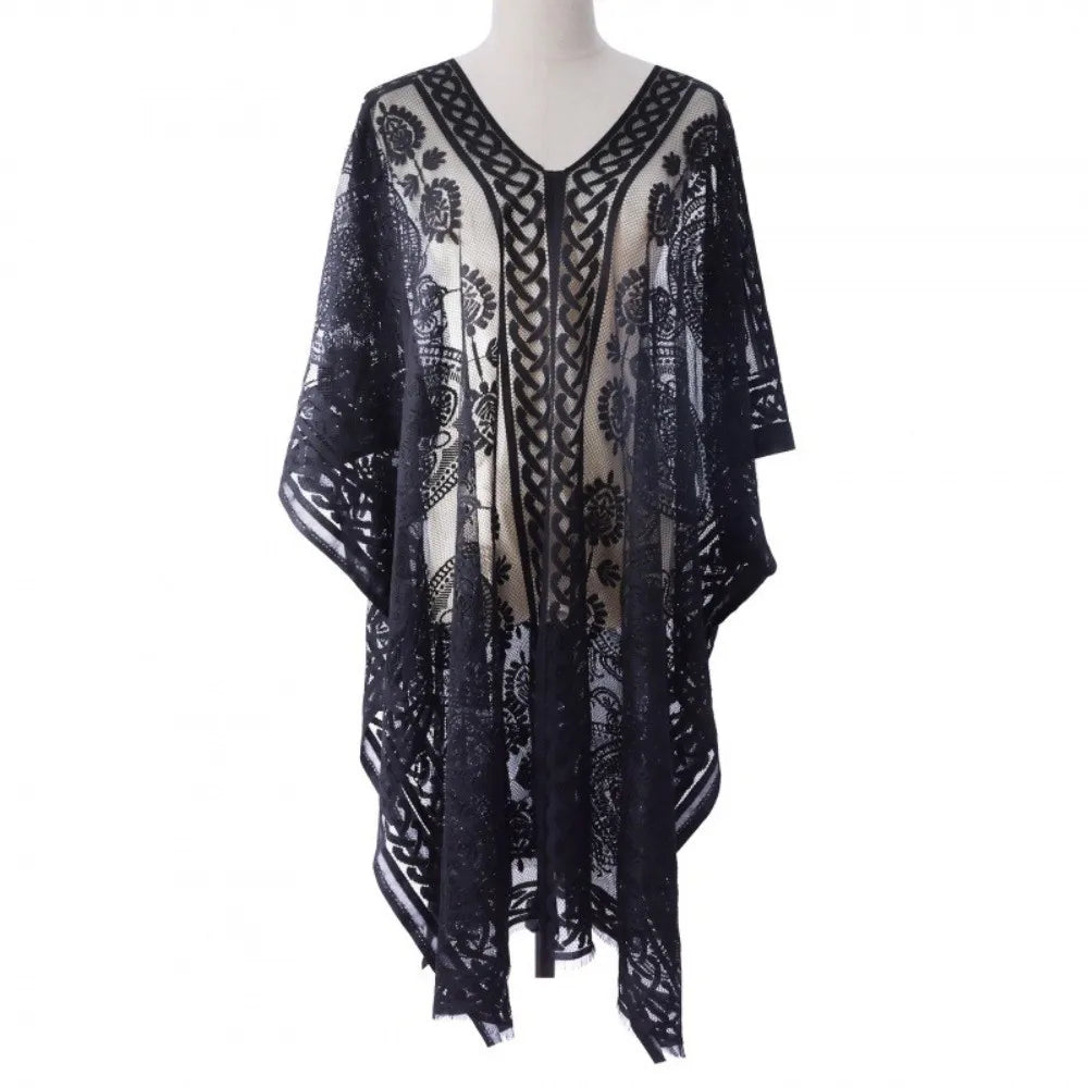 Breathable Lace Mesh Sunscreen Beach Cover Up Plus Size Casual Bohemian Shawl Transparent Floral Swimsuit Cover Up Vacation