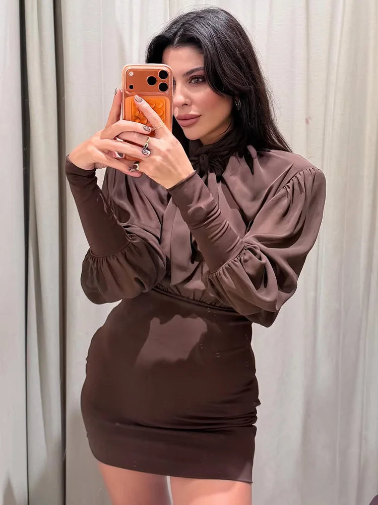 HH Female Party Dress Women Patchwork Short Dress Fashion Sexy Backless Long Sleeves Bow Tie Decoration Casual Summer Dress
