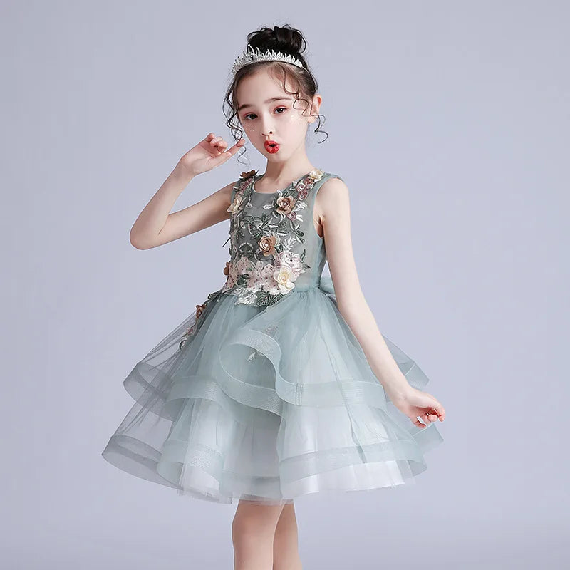 Kids Girls Layered Dress  Elegant Flower Girl Dresses for Wedding Birthday Party Children Festival Ball Gown