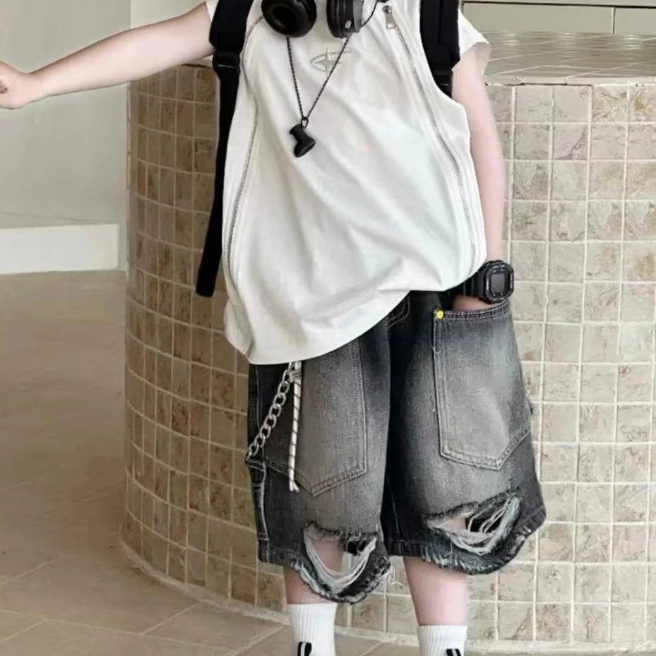 Boys' Korean Vintage Distressed Jeans 100% Cotton Streetwear Kids' Trendy Outfit