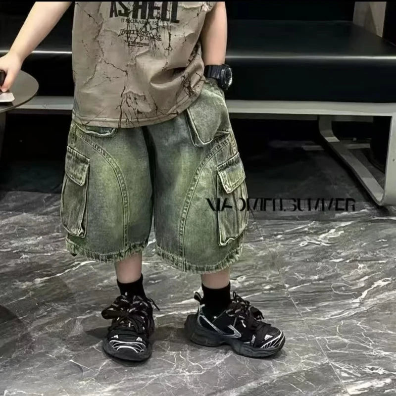 Kids Boy New Outfit Set Korean Children's Summer Clothing Denim Shorts +Thin Tie Dye Vest Sleeveless T-shirt 2-piece Set