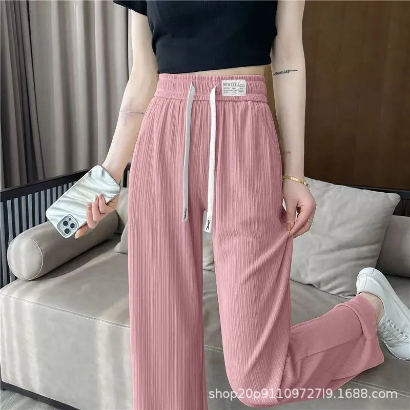 Ice Silk Wide Leg Pants Women's Spring Summer Autumn Thin High Waist Loose Straight Casual Long Trousers Comfortable Polyeste...