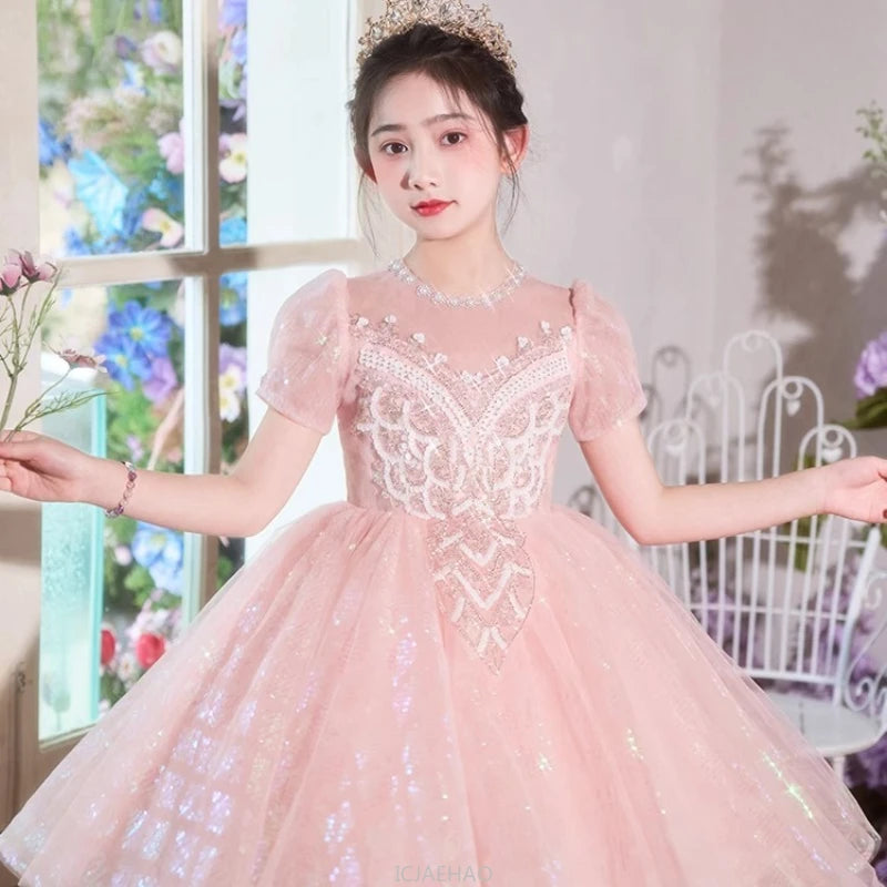 Party Dress Blue Girls Puffy Princess Dresses New Kids Gown Birthday Host Piano Recital Outfit Pageant Performance Formal Wear