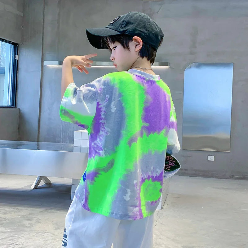 New Summer Fashion Boys T-shirts Tie-Dye Korean Short Sleeve Streetwear Boys Clothes Tshirt Top Tees