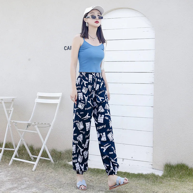 Women's Mosquito-proof Cotton Silk Beach Summer Casual Flower Pants Artificial Cotton Summer Sleeping Pants Thin Adult Bloomers