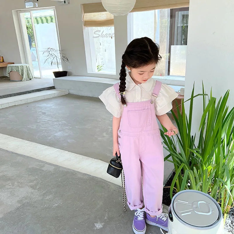Baby Girl Denim Overalls Pant Pocket Fly Sleeve Shirt Toddler Teen Child Suspender Trousers Kid Dungaree Baby Clothes 3-14Y