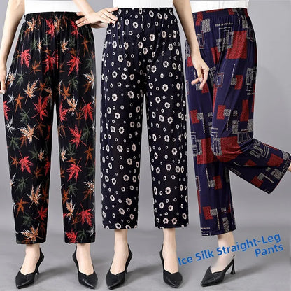 Summer Ladies Ice Silk Loose Casual Home Pants Elastic plus Size Mom Square Sports High Waist Straight Leg Length Nine Points