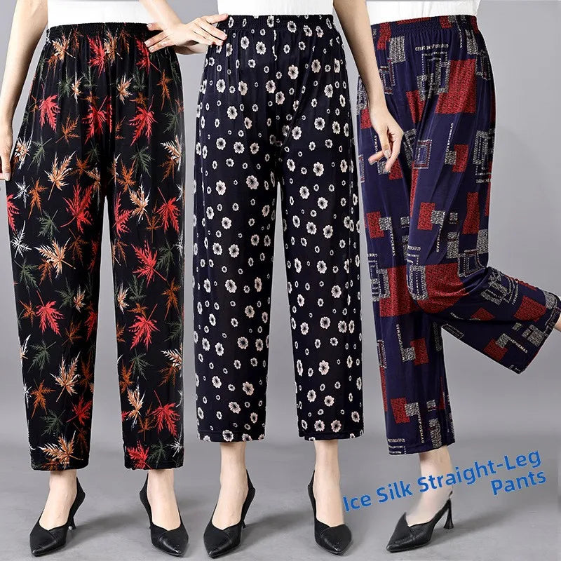 Summer Ladies Ice Silk Loose Casual Home Pants Elastic plus Size Mom Square Sports High Waist Straight Leg Length Nine Points