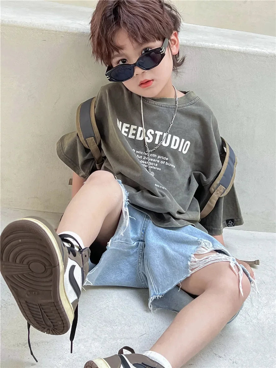 Pure Cotton Children's Short Sleeved Simple Trendy Letters Faded and Worn Half Sleeved T-shirts Boys Girls Stylish