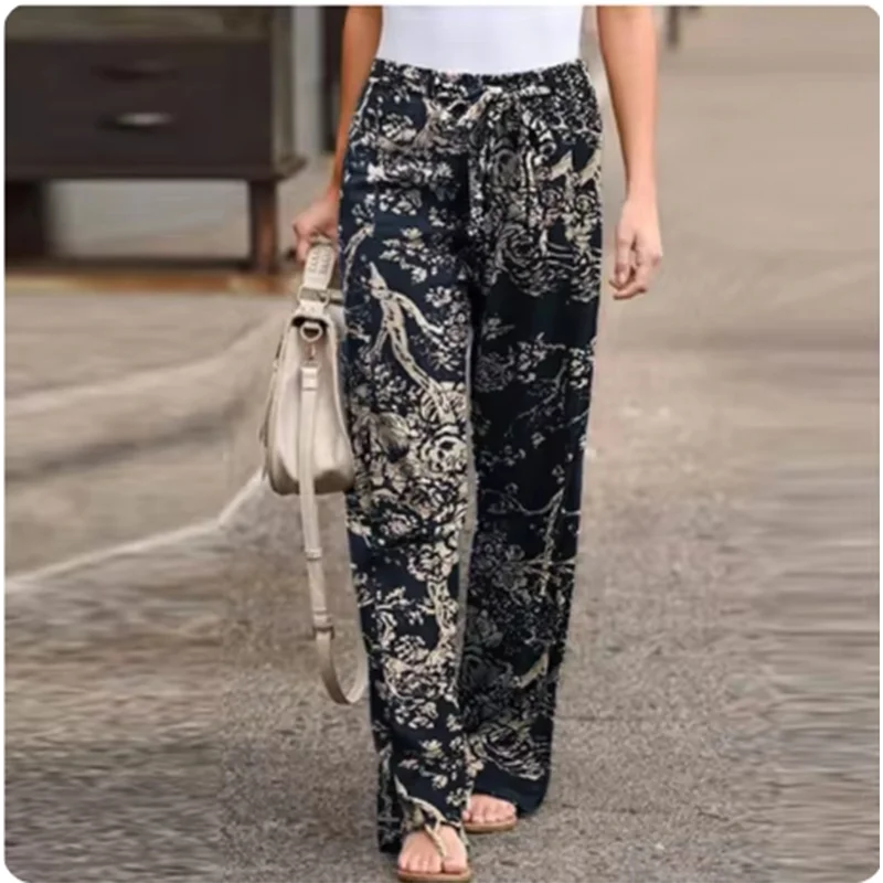 Women's Vintage Casual Printed Art Pants Pocket Strap Straight Leg Loose Comfortable Pants
