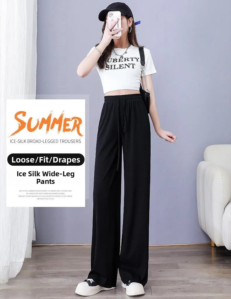 Ice Silk Wide Leg Pants Women's Summer  New High Waist Drape Loose Slimming Straight Bla Floor-Length Casual Trousers