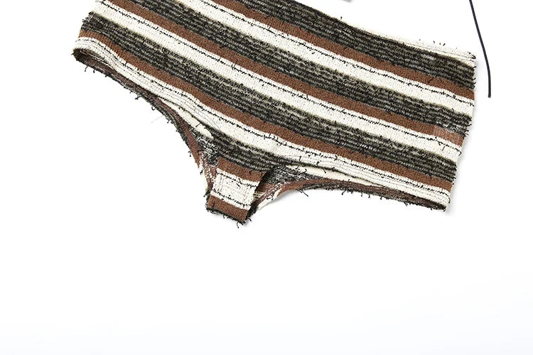 kliou Stripe Bandage 3 Piece Set Women Summer Swim Outfits Halter Cleavage V-neck Bikini Tops+Underwears+Pleated Skinny Shorts