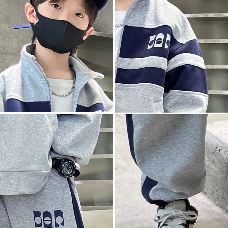 Fashion Boys Clothing Set Spring Autumn Patchwork Zipper Coat Pants 2Pcs For 4-12 Years Kids Tracksuits Teenager Casual Outfits (Available)