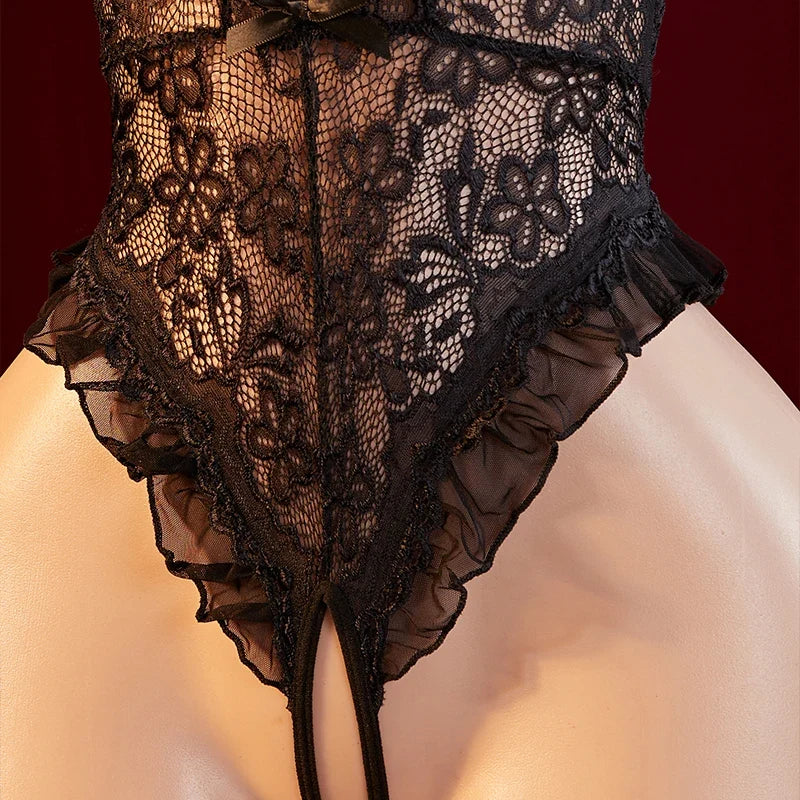 Sexually Corsets Women's Pajamas Open Crotch Sleepwear Sexy Deep V Corset Lingerie For Woman Perspective Lace Underwear Bodysuit