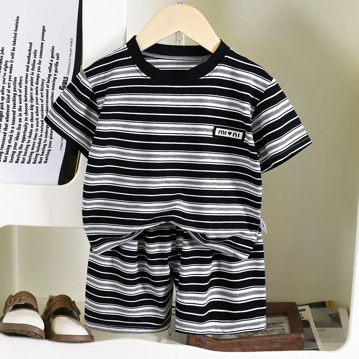 Children's short-sleeve stripe set, boys' black and white striped summer clothes, boy baby outwear short-sleeve shirt + shorts 2