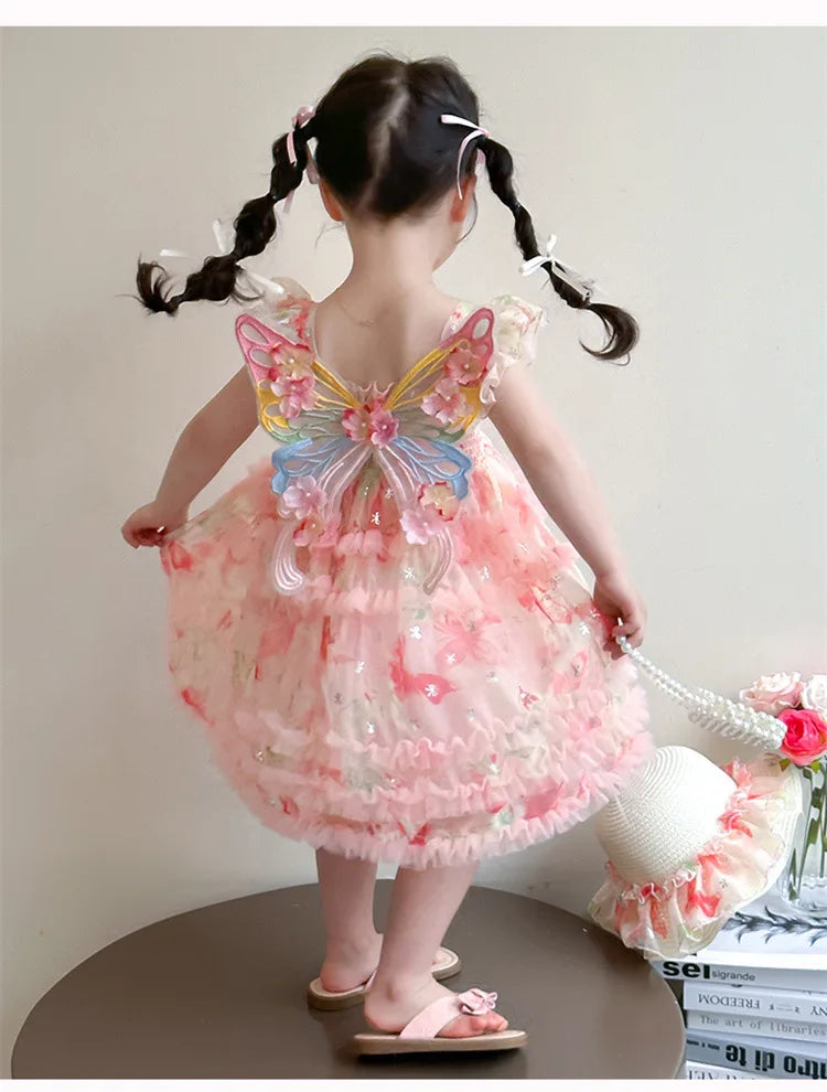 Girl Summer Mesh Dress Doll Baby  Kids Back Butterfly Flower Suspender Princess Dress Fashion Casual