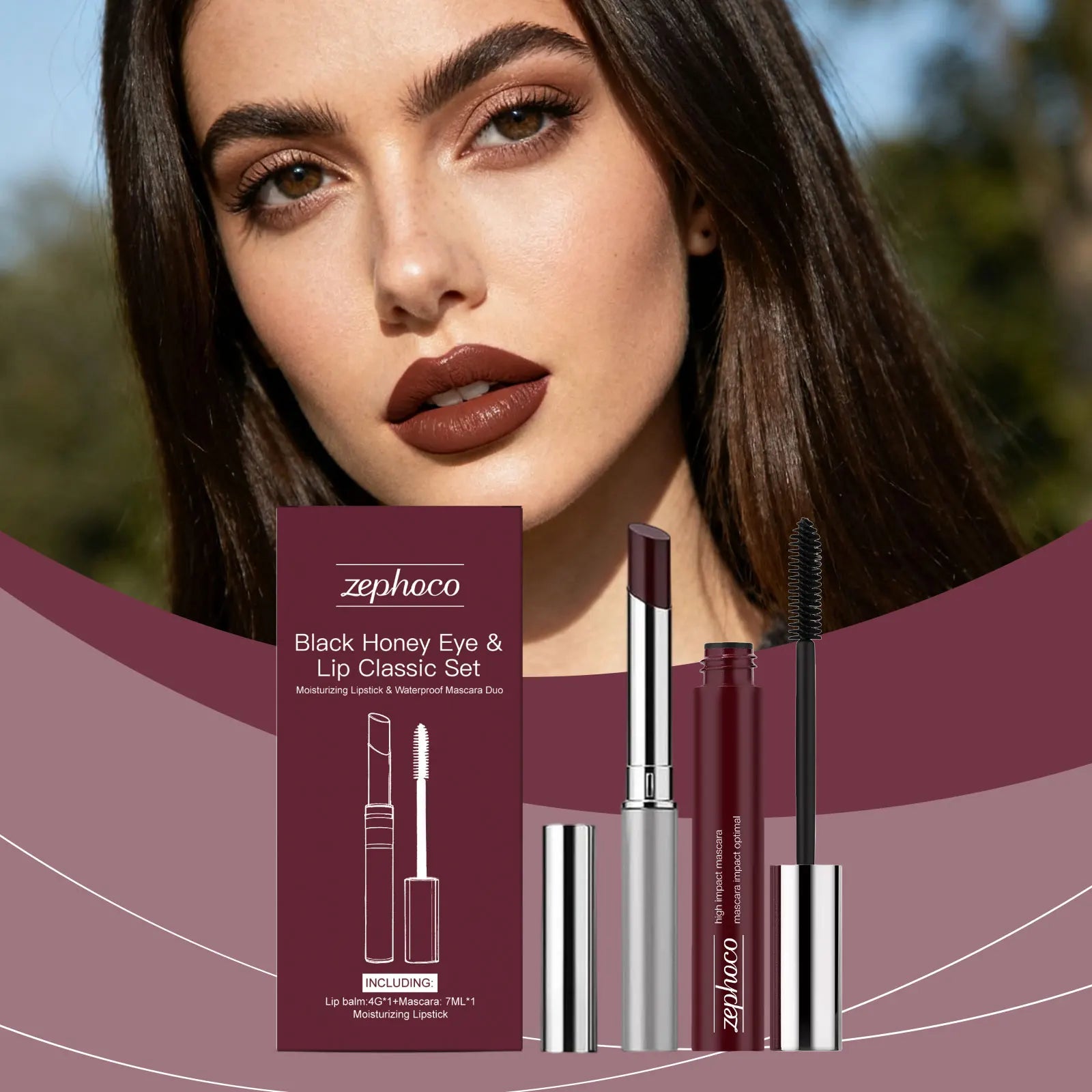 Black Honey Iconic Eye & Lip Makeup Set - Black Volumizing Mascara + Hydrating Shine Lipstick, Lash Curling Cosmetic Tools