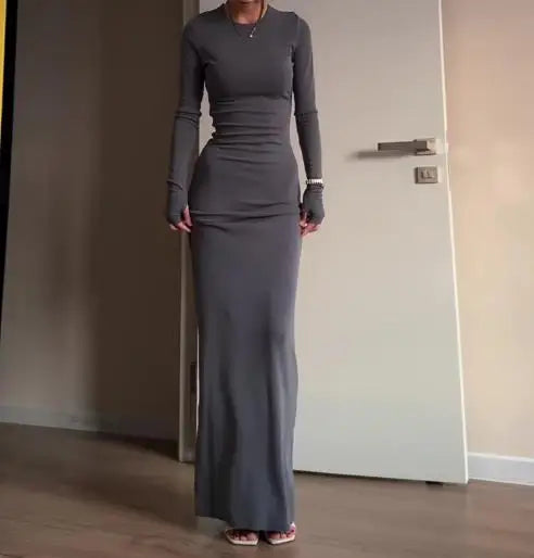 Womens Dresses  Spring Autumn New Fashion Sexy Skinny Hip Hugging Comfortable Solid Color Casual Round Neck Long Dress