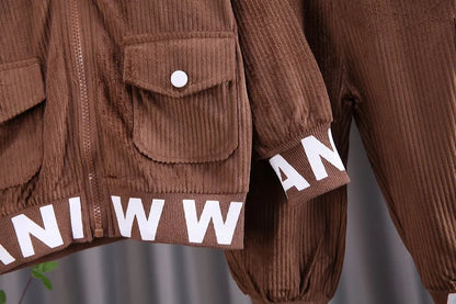Baby Boys Clothes Suit Children Fashion Autumn/Winter Printed Corduroy Boys' Coat Zipper Long Sleeve Boys' Top+Pants Casual Set