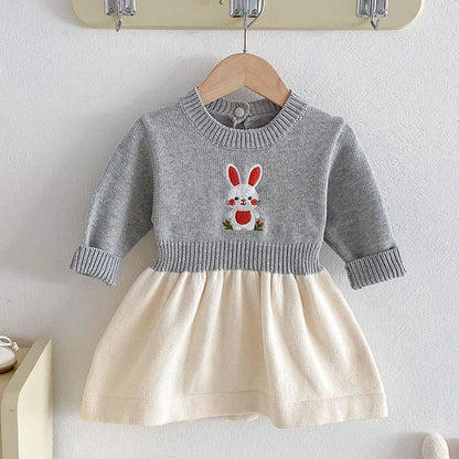 2024 New Autumn Kids Princess Dresses Long Sleeved Knitted Splicing Baby Girl Knitting Party Dress Children Knitting Clothes