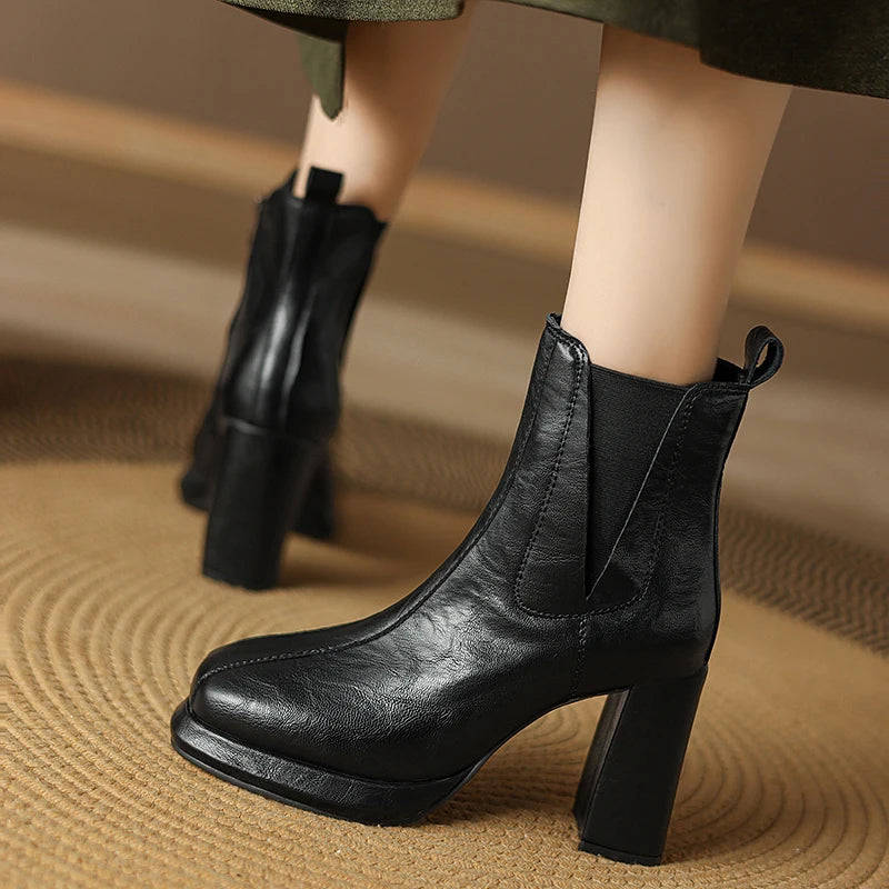 Autumn/Winter Women Boots Round Toe High Heel Shoes for Women Leather Boots Women Handemade Shoes Ankle Boots Ladies Shoes