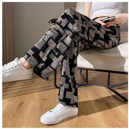 High Waist Floral Pants Straight Leg Home Leisure Women's plus Size High Elasticity Air Conditioning Pants Casual Trousers