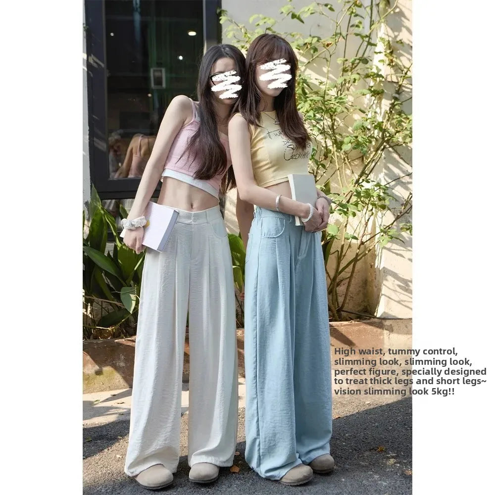 Ice Silk Drapey Wide Leg Pants Women's Summer Thin New Style Beige Color Nine Points Long Trousers Comfortable Fit Female Pants