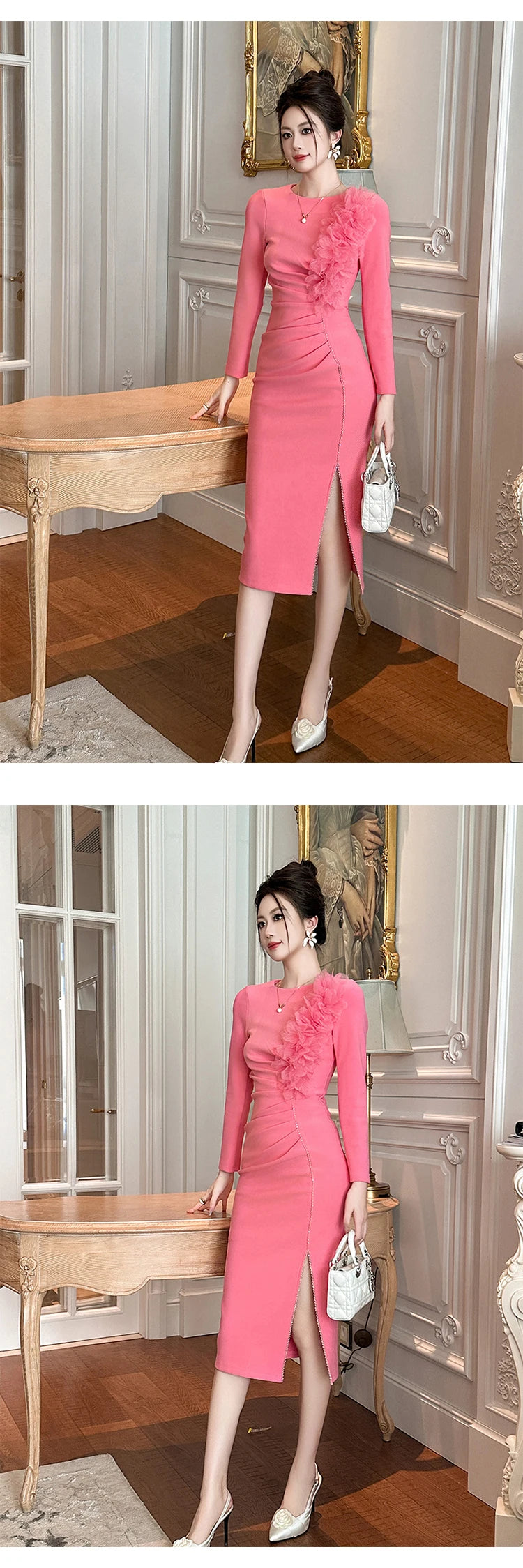 Banquet Evening Dress Women Elegant Style Flower Beading Folds Slit Robe Female Party Prom Vestidos Catwalk Gown
