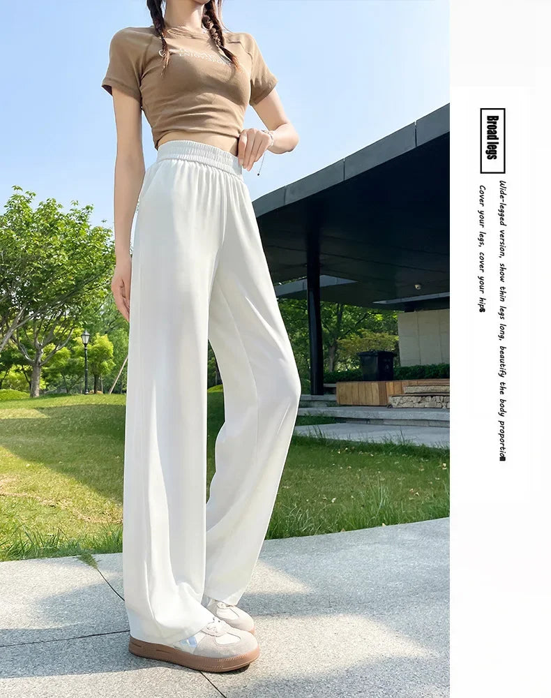 Slim Wide Leg Pants High Waist Drapey Thin Ice Silk Grey Small Size Straight Cut Women's Summer Trousers Long Pants